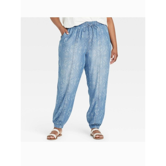 Knox Rose Pants - Knox Rose Size XXL chambray Blue jogger drawstring relaxed fit pants